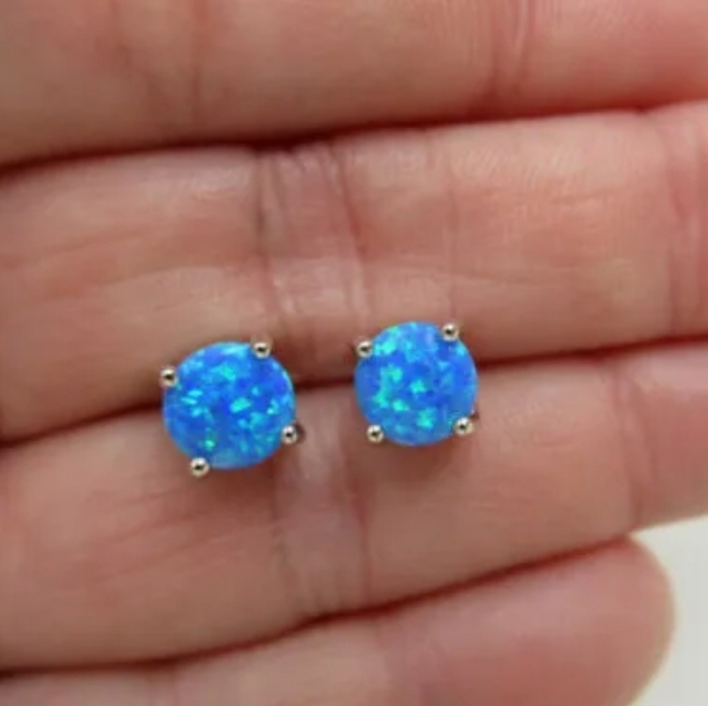 925 Sterling Silver 6mm Round Blue Fire Opal Stud Earrings For Women - Picture 2 of 4
